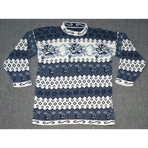Knit Blue And White 3/4 Sleeve Crewneck‎ Pullover Sweater Roses Floral REPAIR**